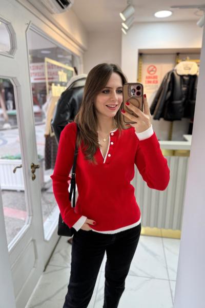 Yaka Detaylı Triko  Kırmızı