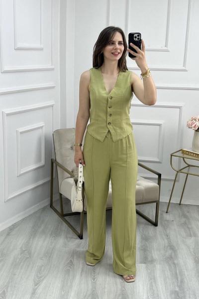 Yeşil Keten Yelekli Takım Yeşil