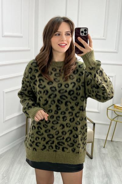 Yeşil Leopar Desenli Kazak Yeşil