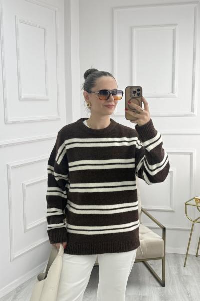 Yumuşak Dokulu Çizgili Kazak Kahverengi