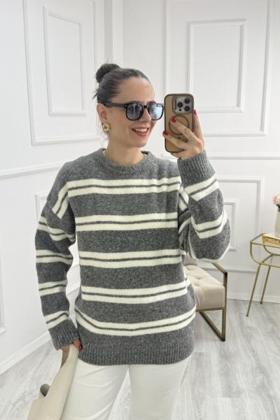 Yumuşak Dokulu Çizgili Kazak Gri