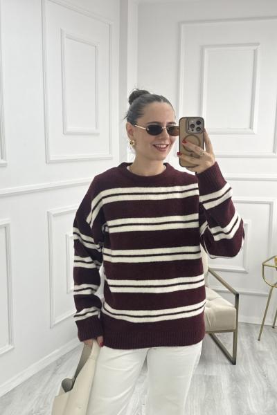 Yumuşak Dokulu Çizgili Kazak Bordo