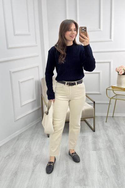 Zr Model Kesik Paça Boyfit Jean Krem